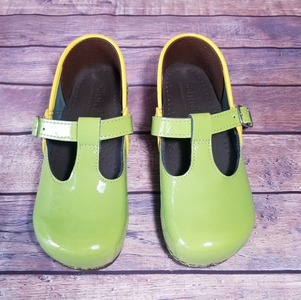 Girls Sanita lime green patent t-strap clogs